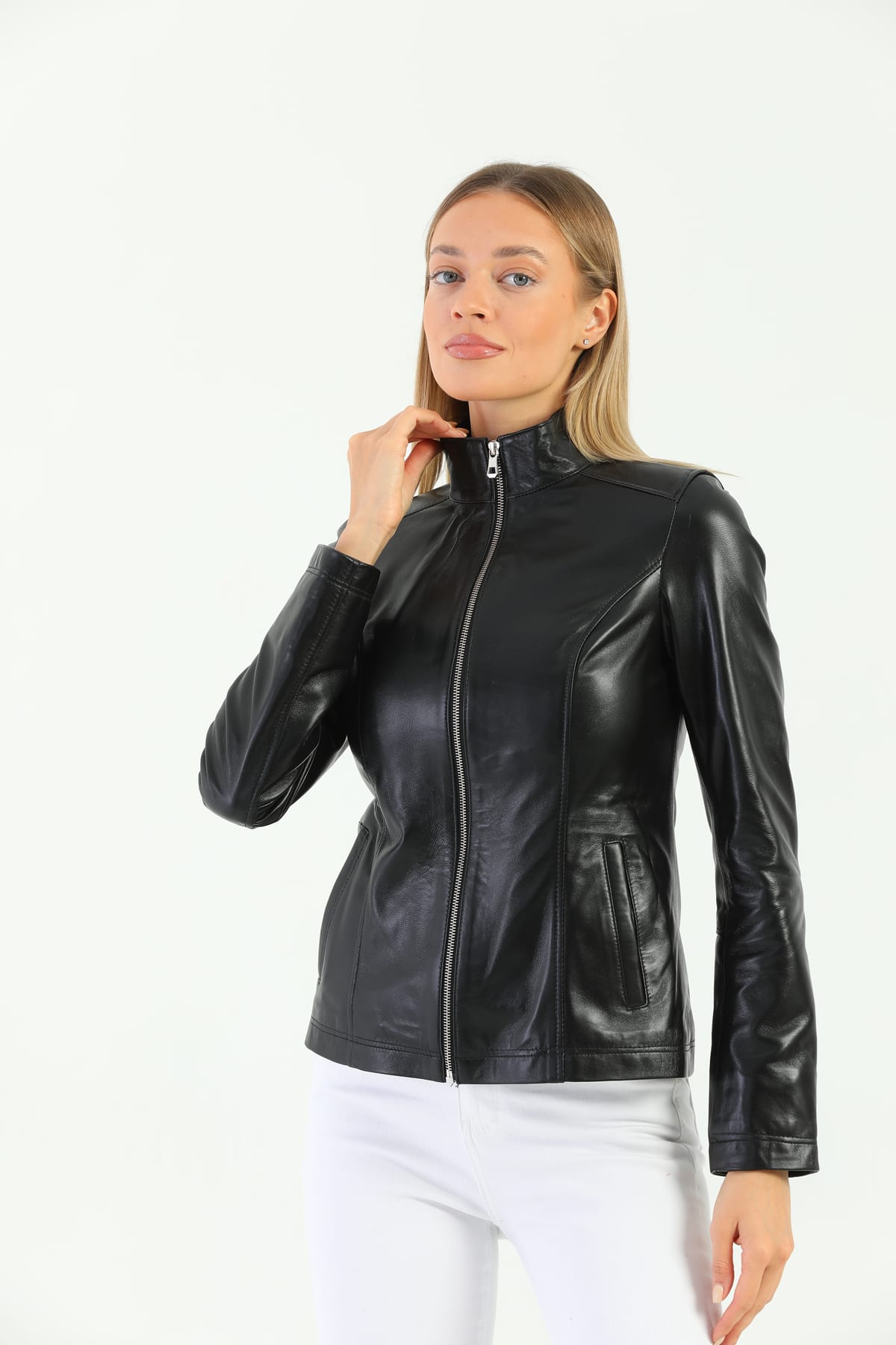 Kadin Fermuarli Klasik Deri Ceket  Siyah - Image 1