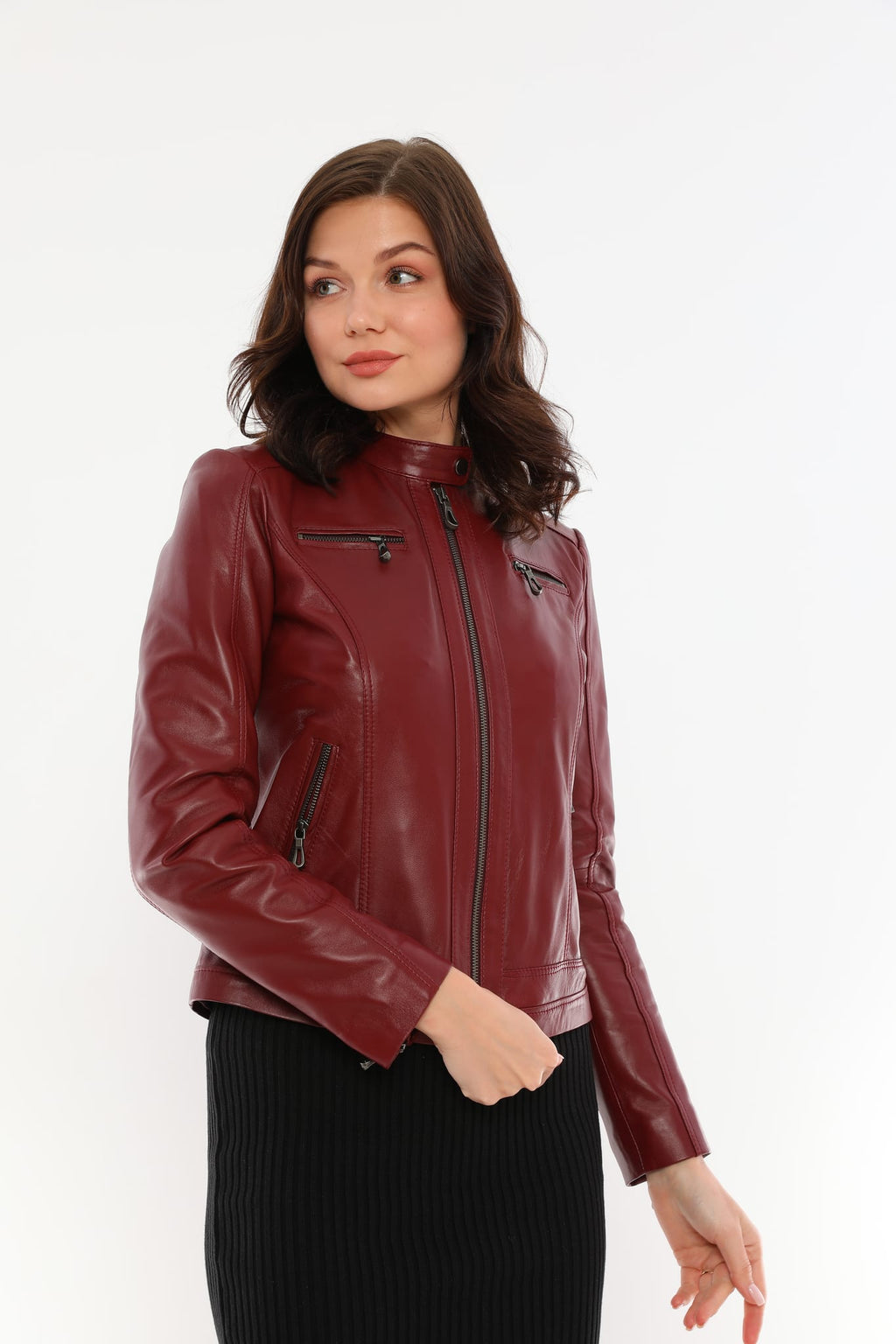 Kadin Kol Fermuarli Deri Ceket Bordo - Image 3
