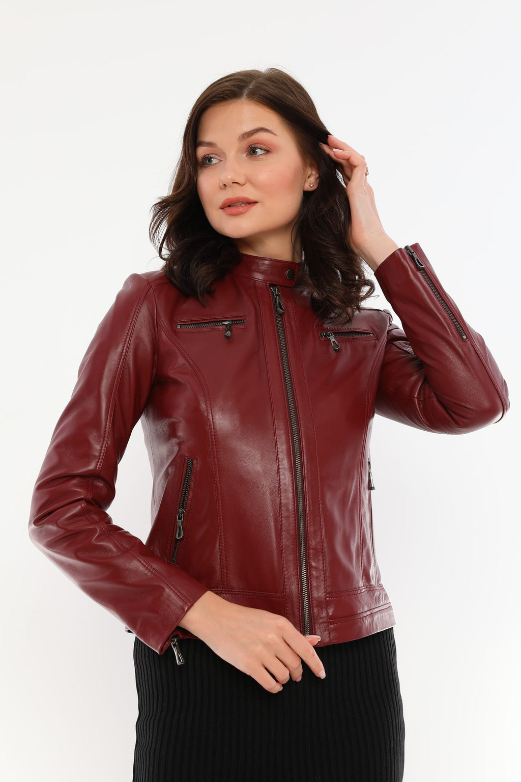 Kadin Kol Fermuarli Deri Ceket Bordo - Image 5