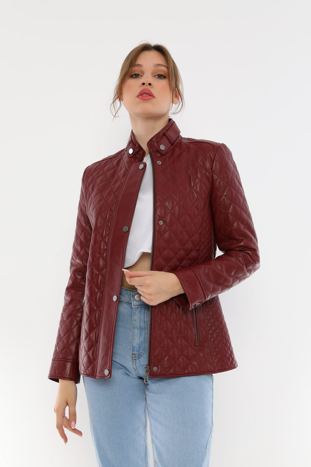 Kadin Kapitoneli Deri Ceket  Bordo - Image 2
