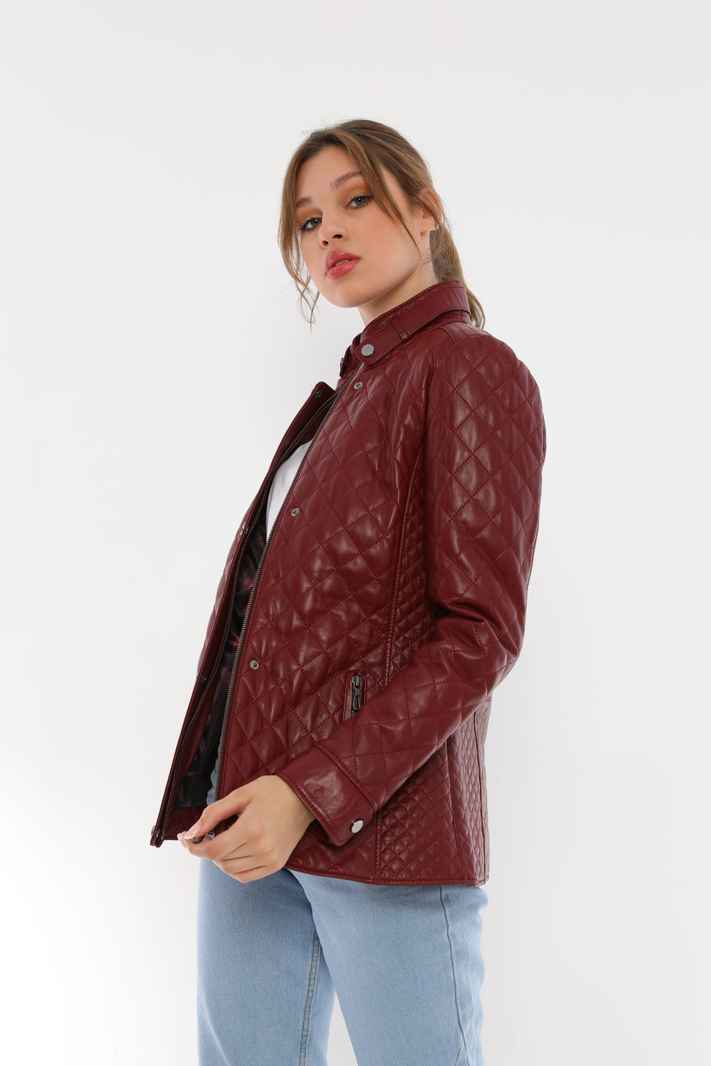 Kadin Kapitoneli Deri Ceket  Bordo - Image 3
