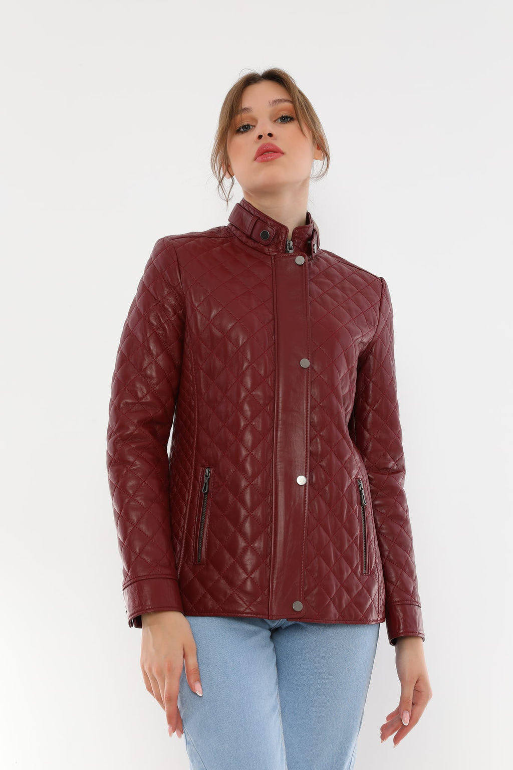 Kadin Kapitoneli Deri Ceket  Bordo - Image 5