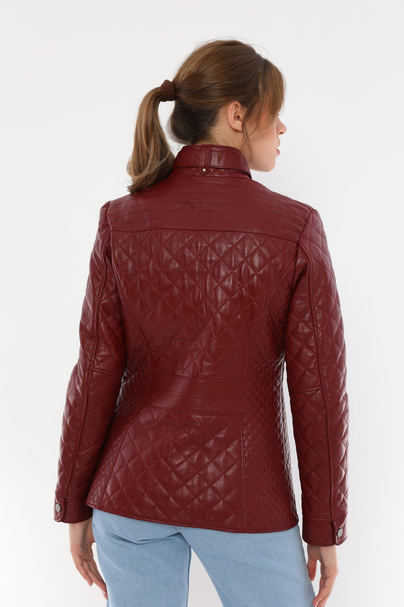 Kadin Kapitoneli Deri Ceket  Bordo - Image 6
