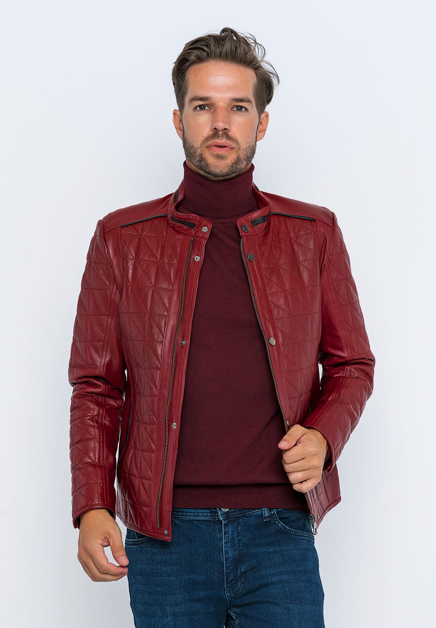 Erkek Kapitoneli  Deri Ceket  Bordo - Image 1