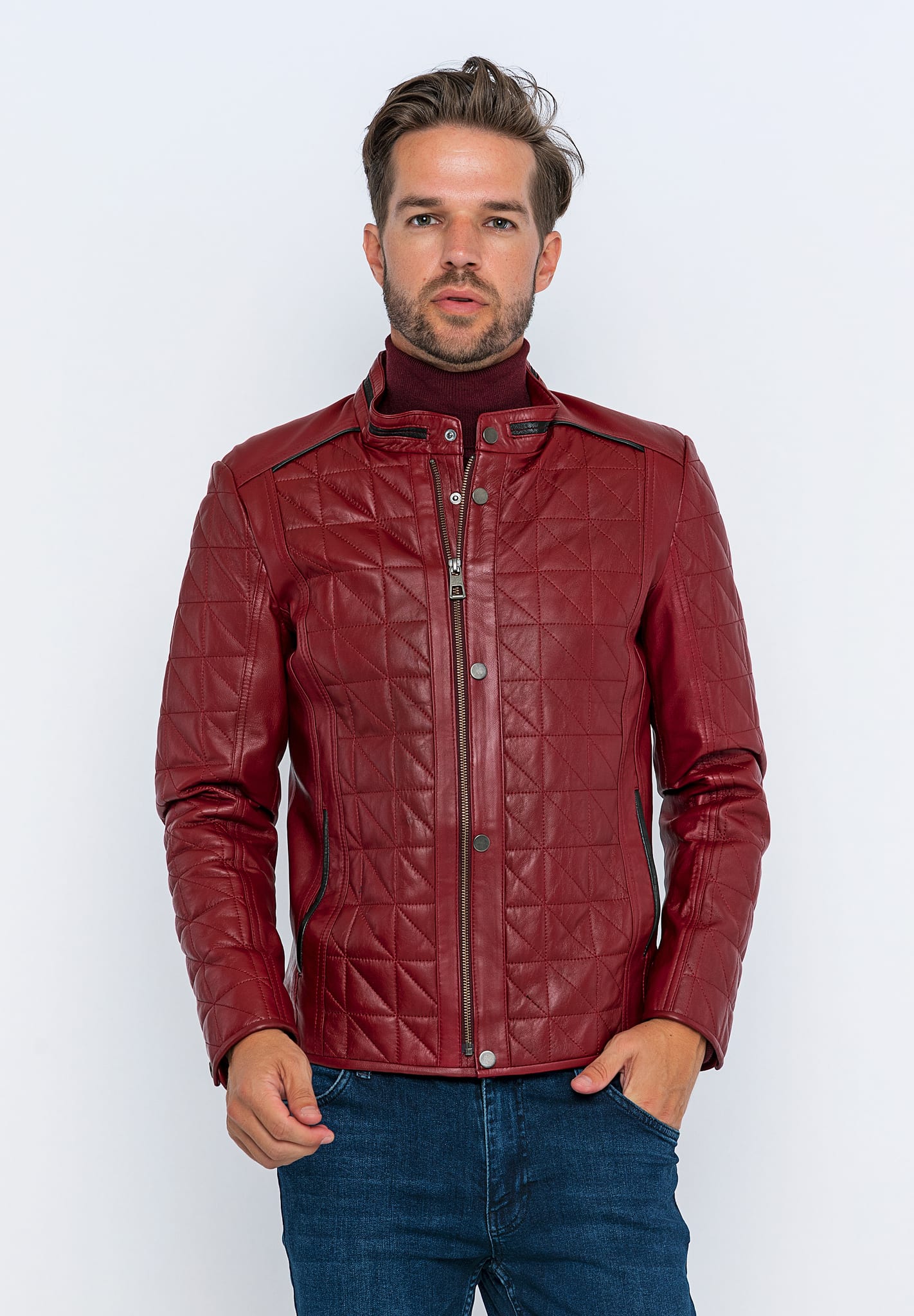 Erkek Kapitoneli  Deri Ceket  Bordo - Image 2