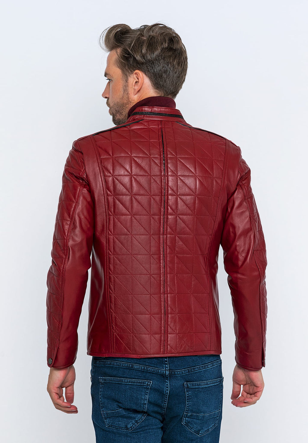 Erkek Kapitoneli  Deri Ceket  Bordo - Image 5