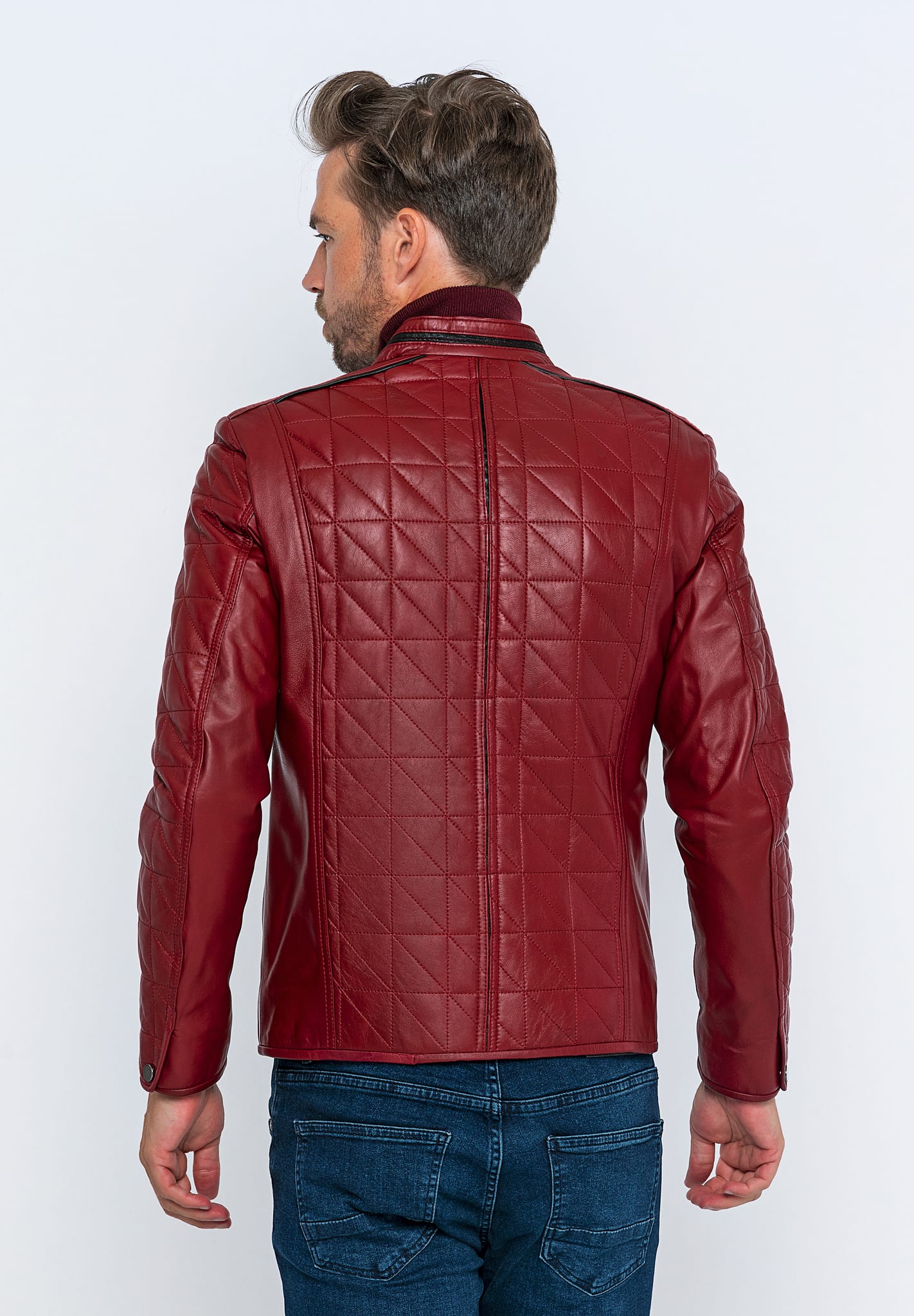 Erkek Kapitoneli  Deri Ceket  Bordo - Image 5