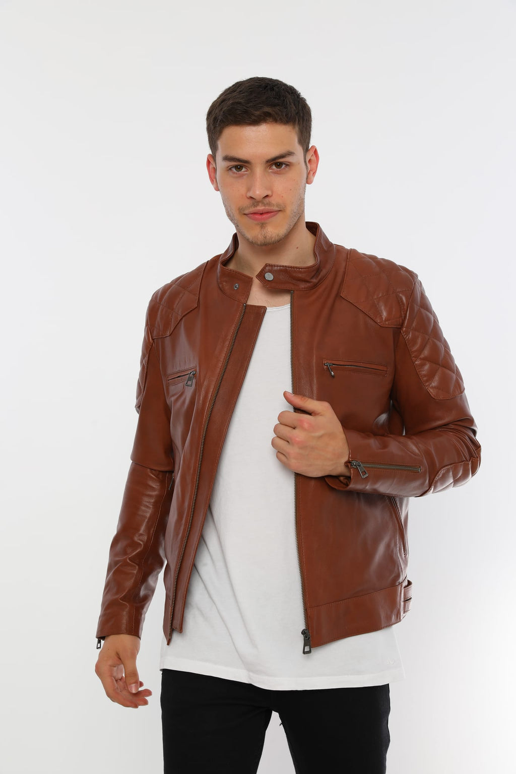 Erkek Biker Deri Ceket Kestane - Image 1