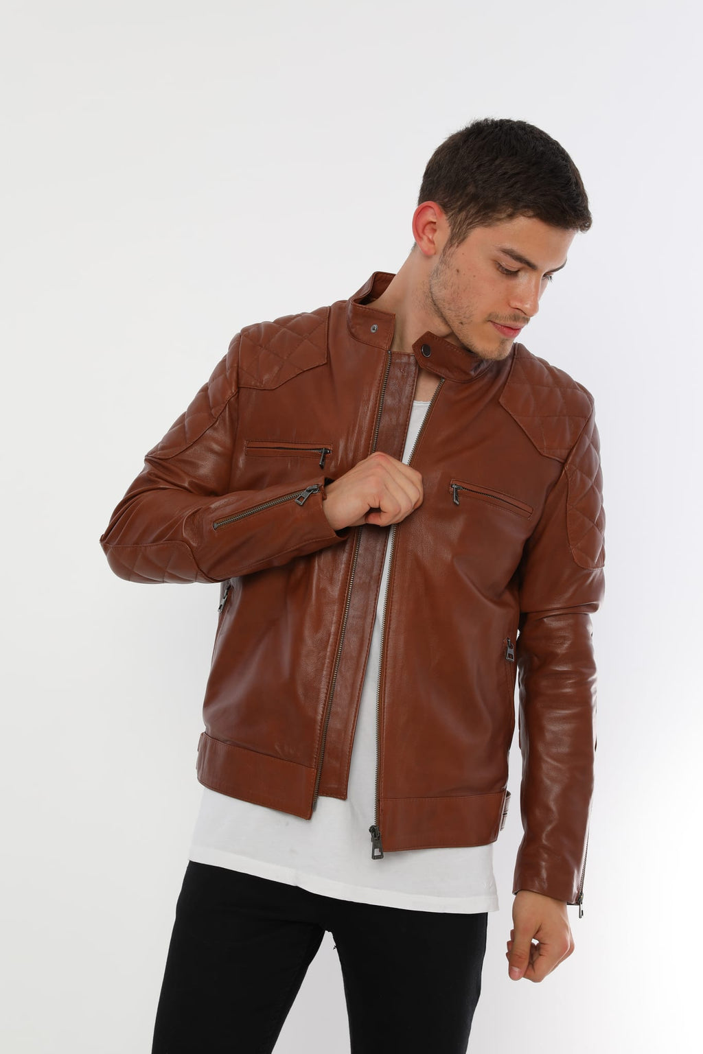 Erkek Biker Deri Ceket Kestane - Image 2