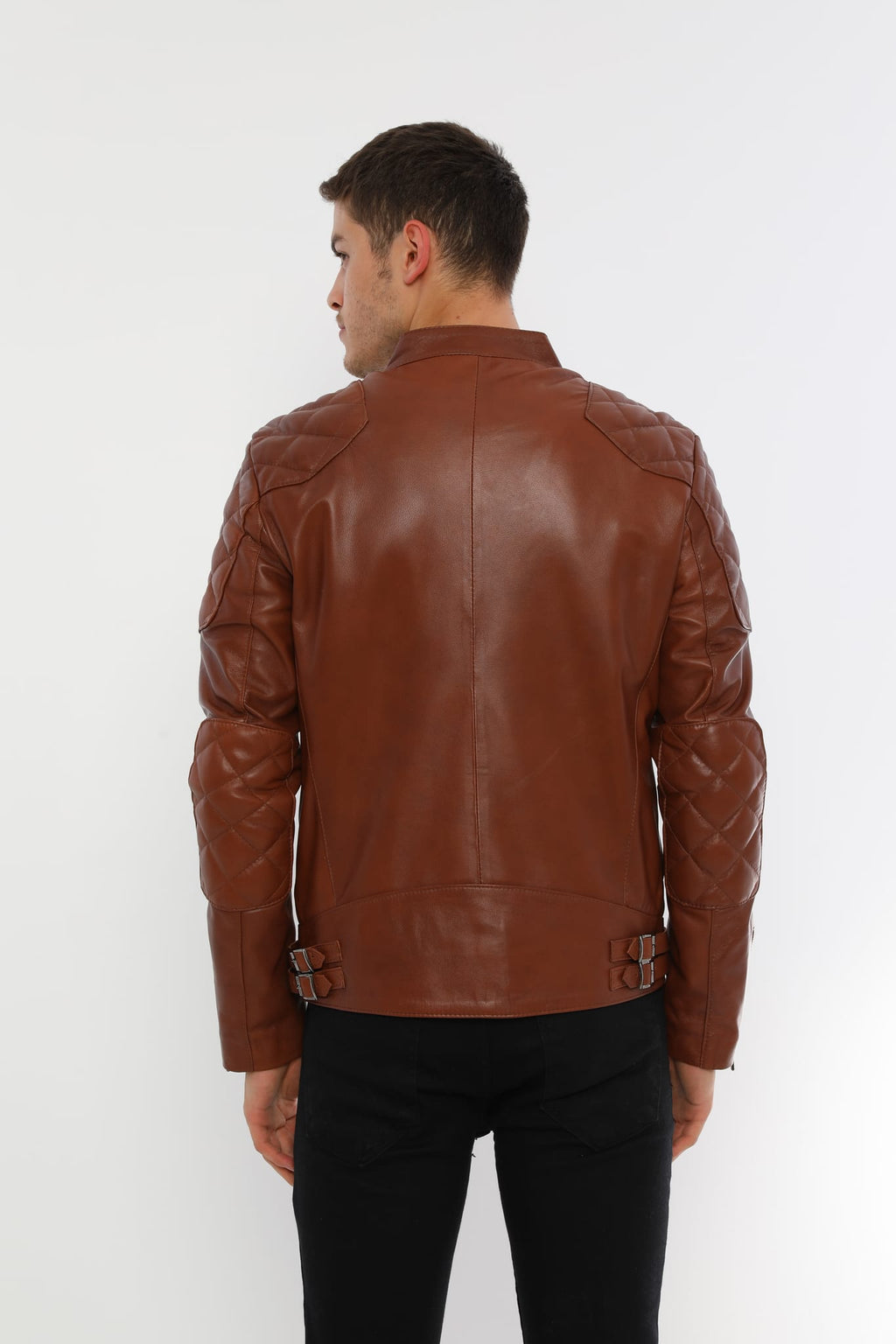 Erkek Biker Deri Ceket Kestane - Image 3