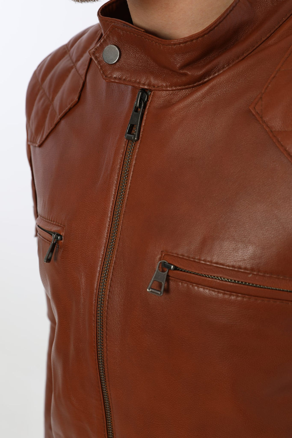 Erkek Biker Deri Ceket Kestane - Image 4