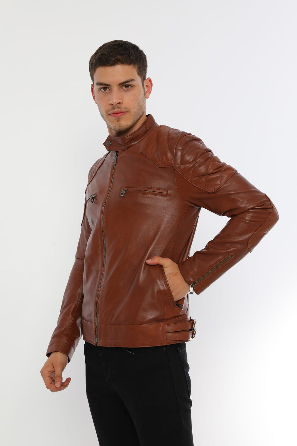 Erkek Biker Deri Ceket Kestane - Image 5
