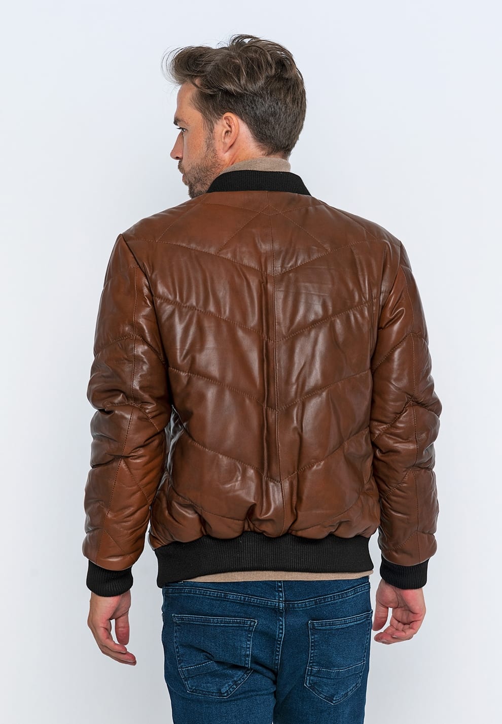 Erkek Bomber Deri Ceket Kestane - Image 6