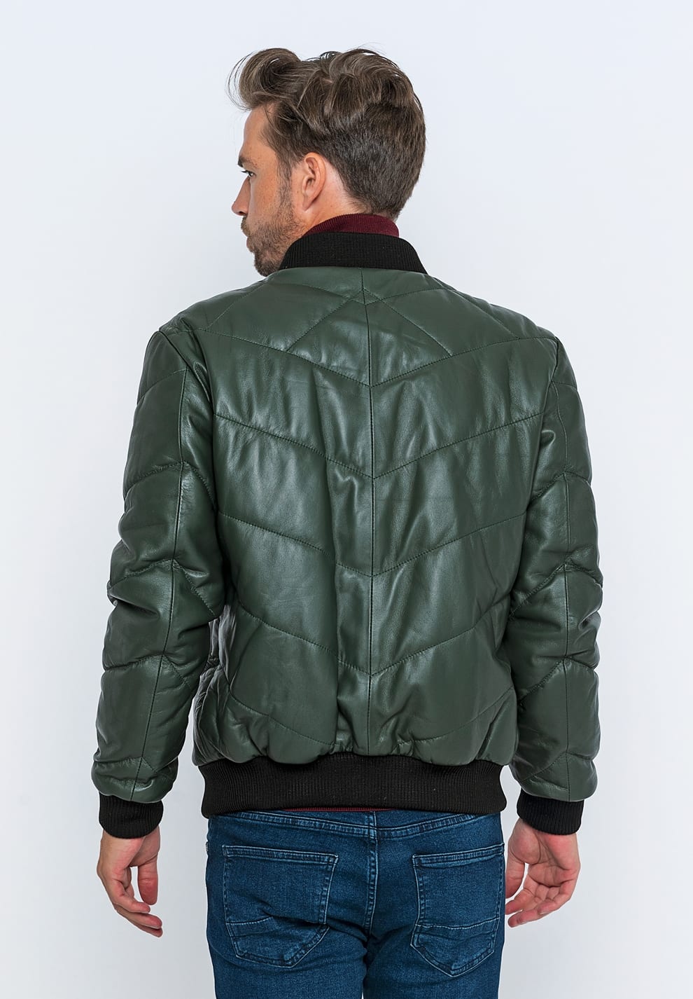 Erkek Bomber Deri Ceket Koyu Yesil - Image 6