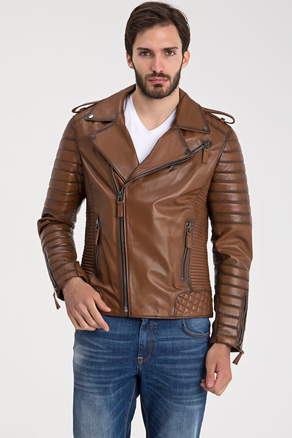 Erkek Biker Deri Ceket  Kestane - Image 1