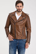 Erkek Biker Deri Ceket  Kestane - Image 1