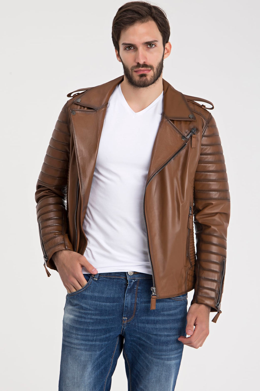 Erkek Biker Deri Ceket  Kestane - Image 2