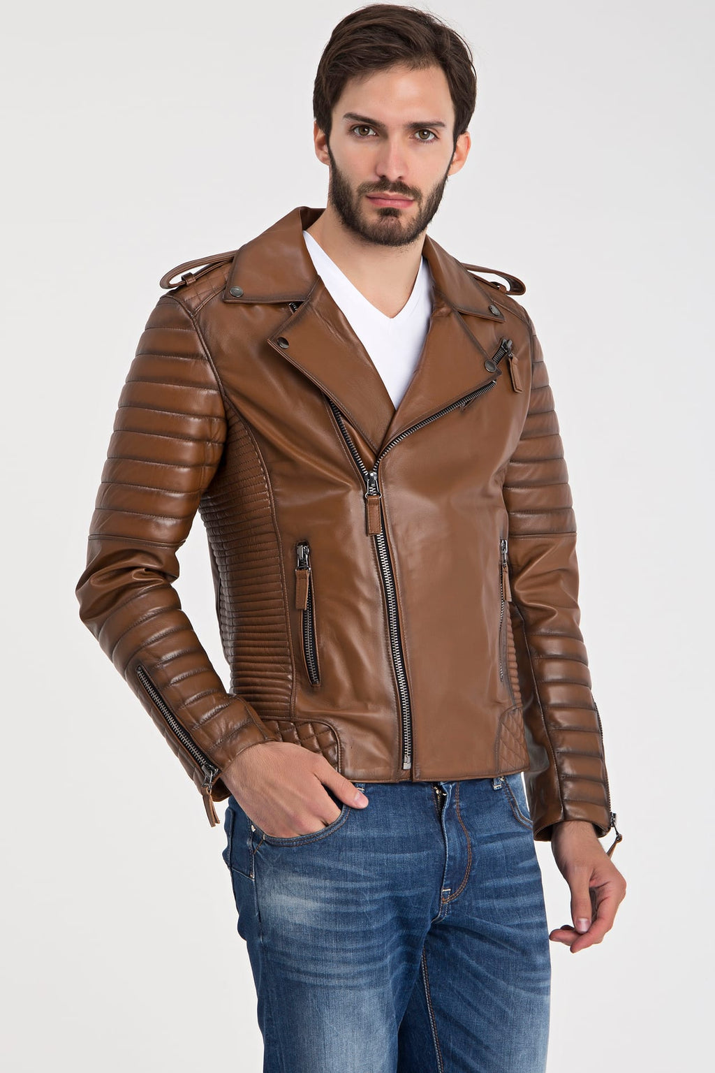 Erkek Biker Deri Ceket  Kestane - Image 3