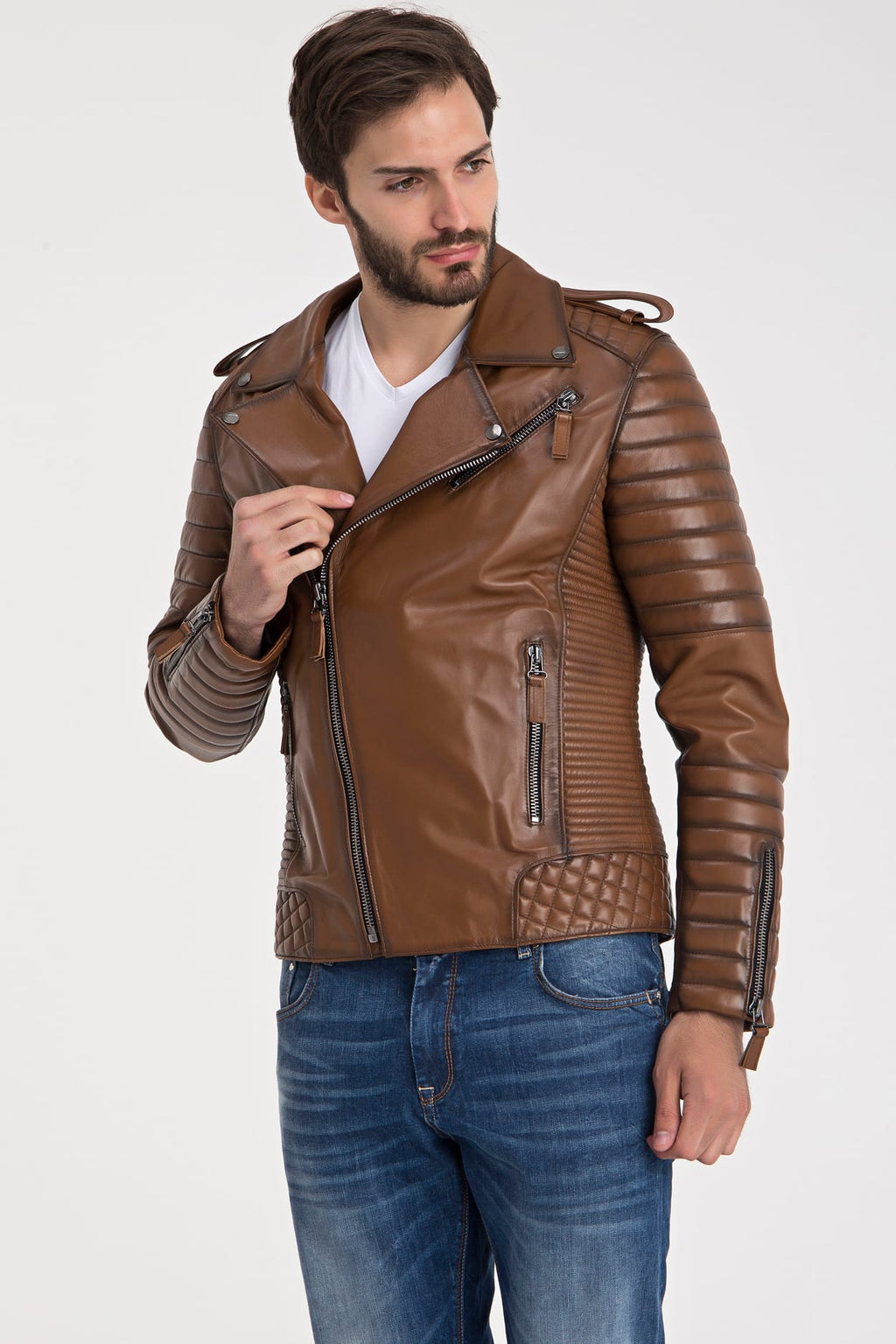 Erkek Biker Deri Ceket  Kestane - Image 4