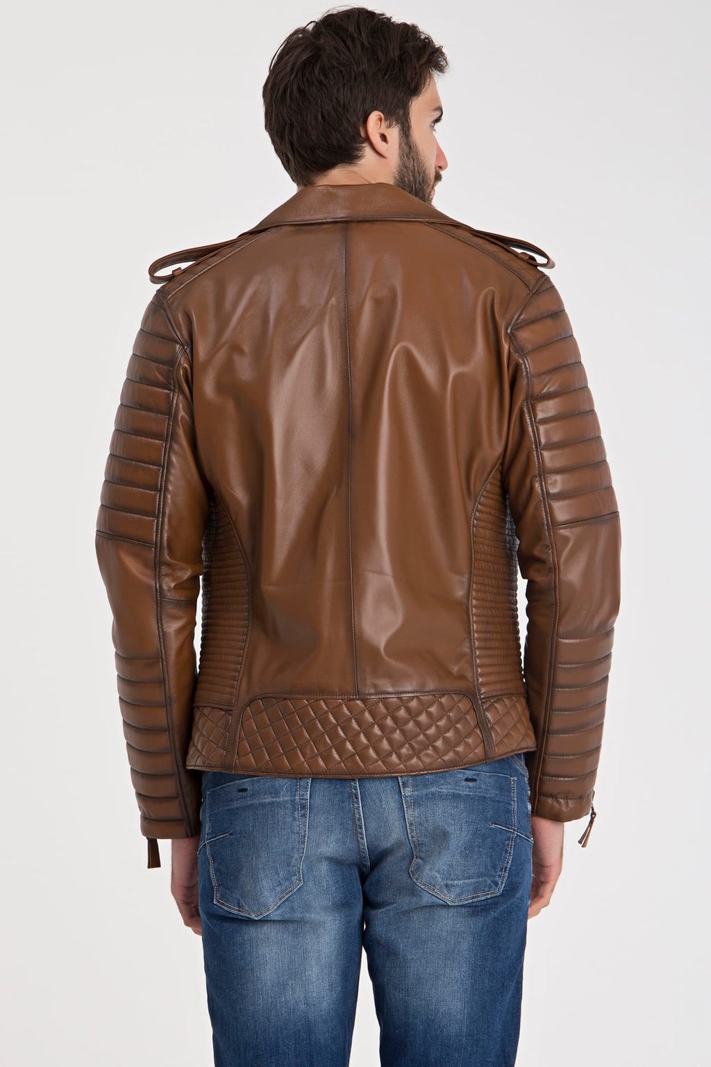 Erkek Biker Deri Ceket  Kestane - Image 5