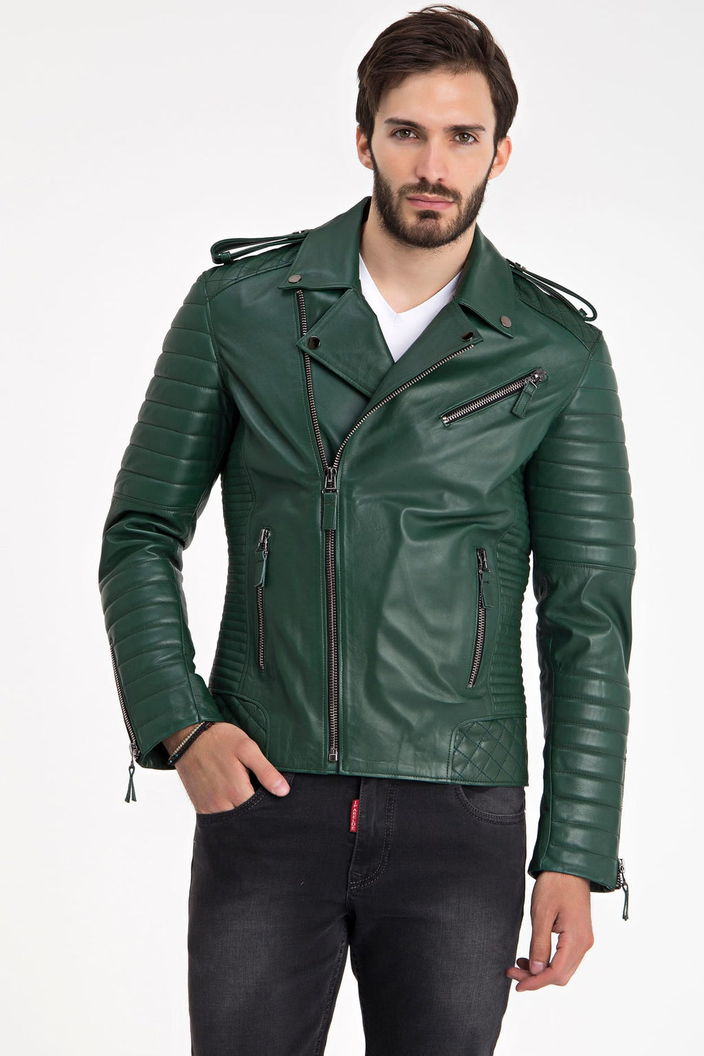 Erkek Biker Deri Ceket  Yesil - Image 1