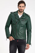 Erkek Biker Deri Ceket  Yesil - Image 1