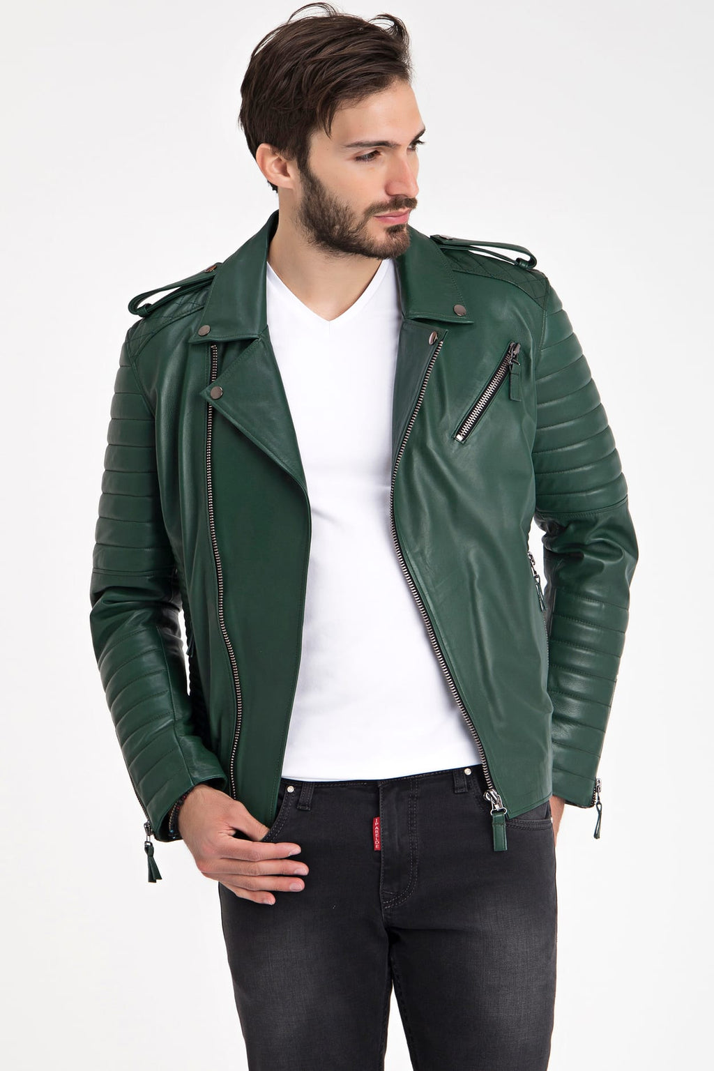 Erkek Biker Deri Ceket  Yesil - Image 2
