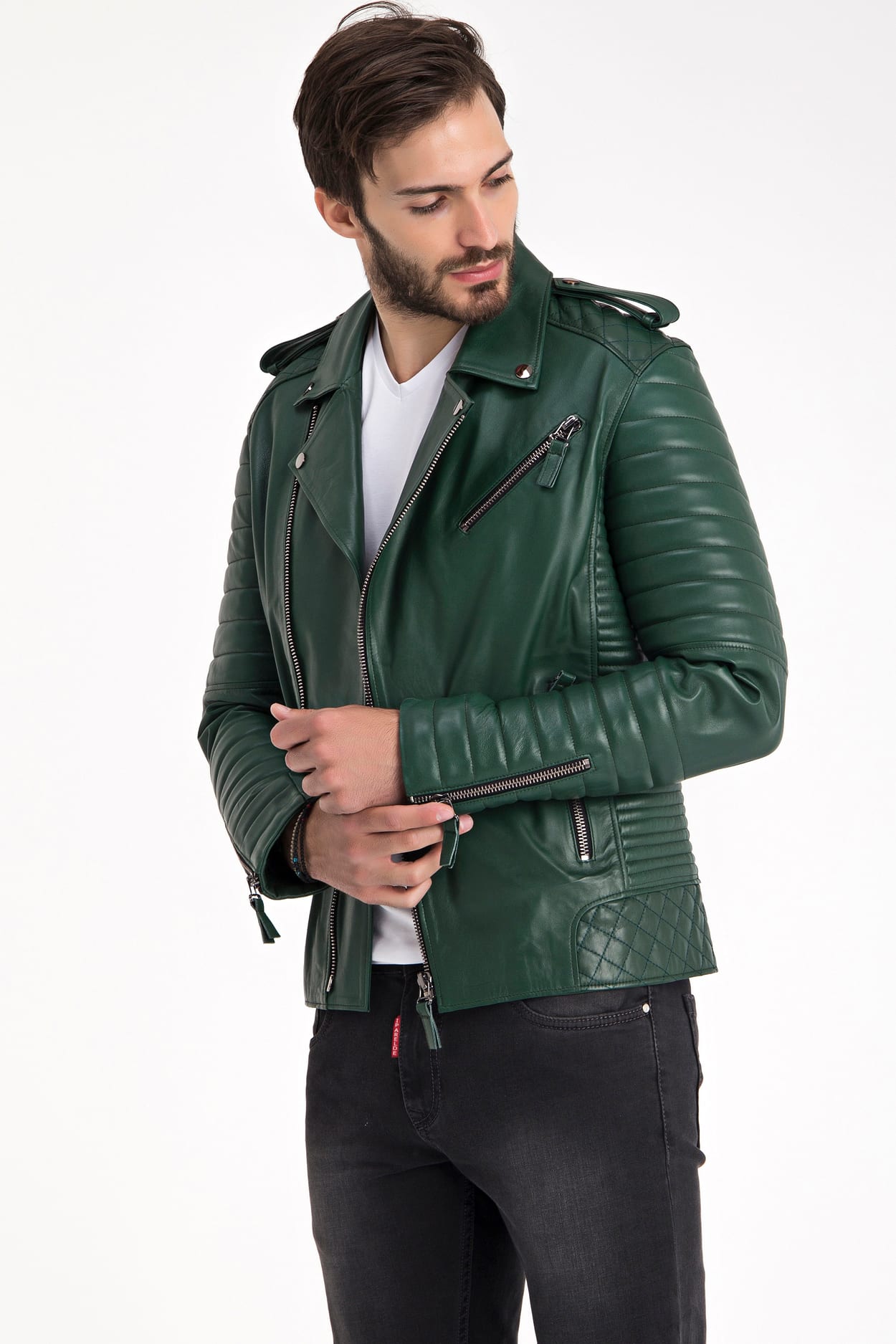 Erkek Biker Deri Ceket  Yesil - Image 3