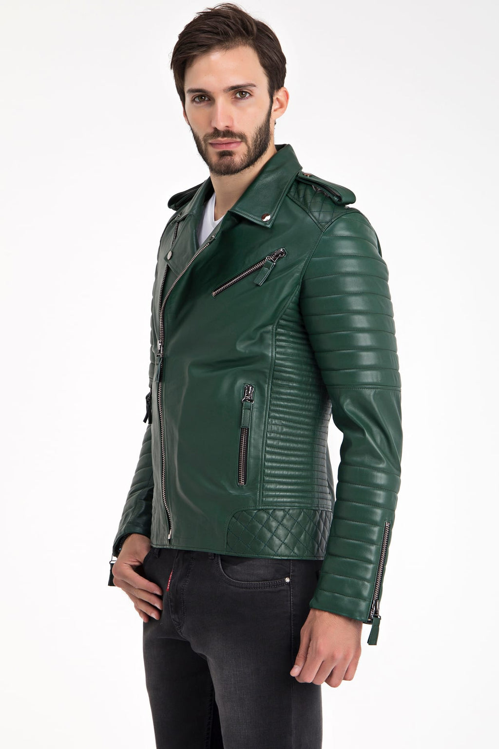Erkek Biker Deri Ceket  Yesil - Image 4