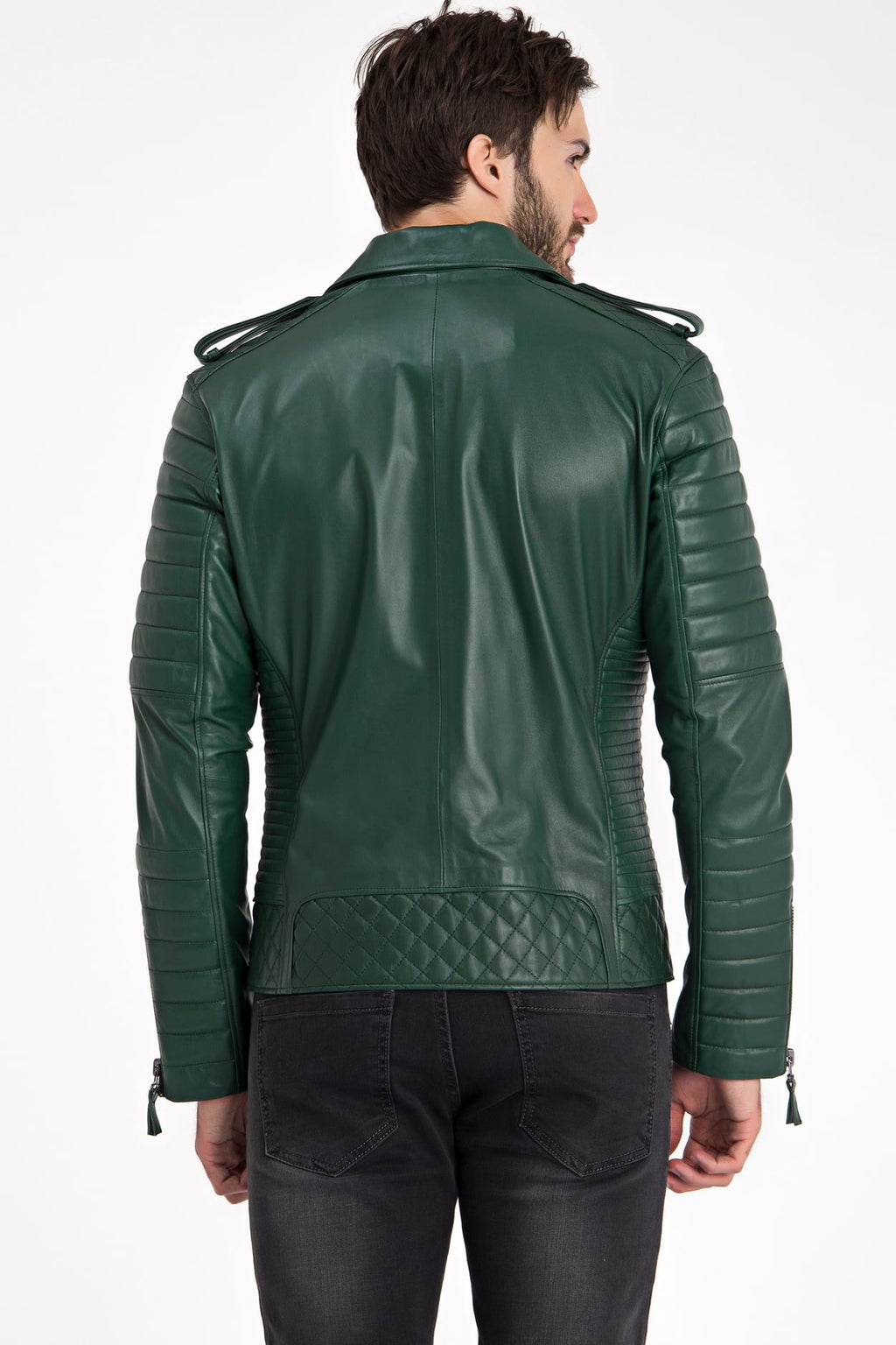 Erkek Biker Deri Ceket  Yesil - Image 5