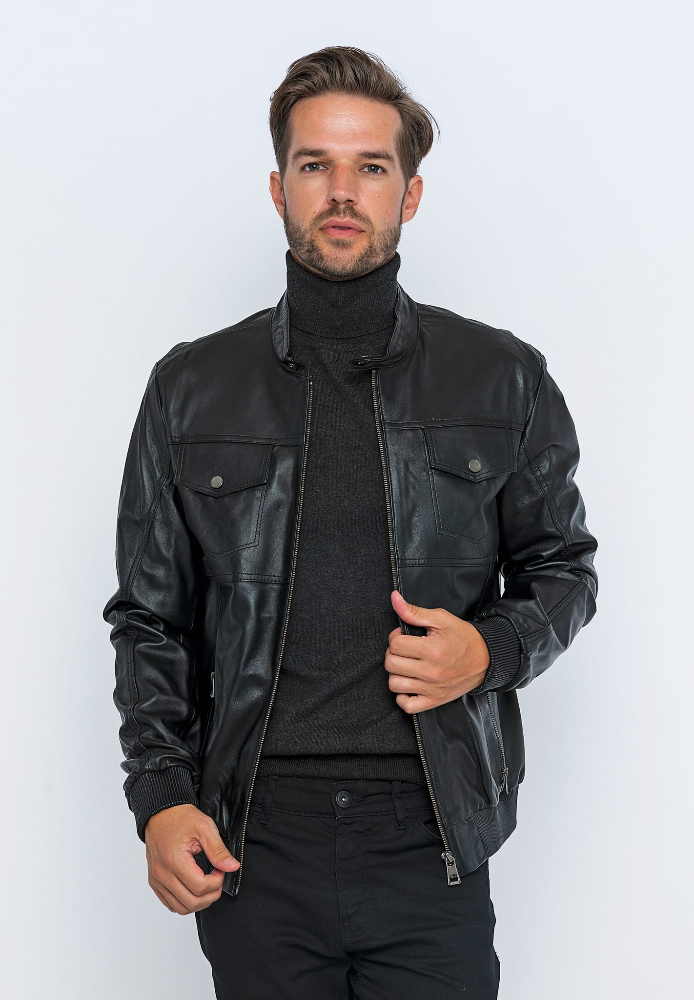Erkek Hakim Yaka Deri Bomber Ceket Siyah - Image 1