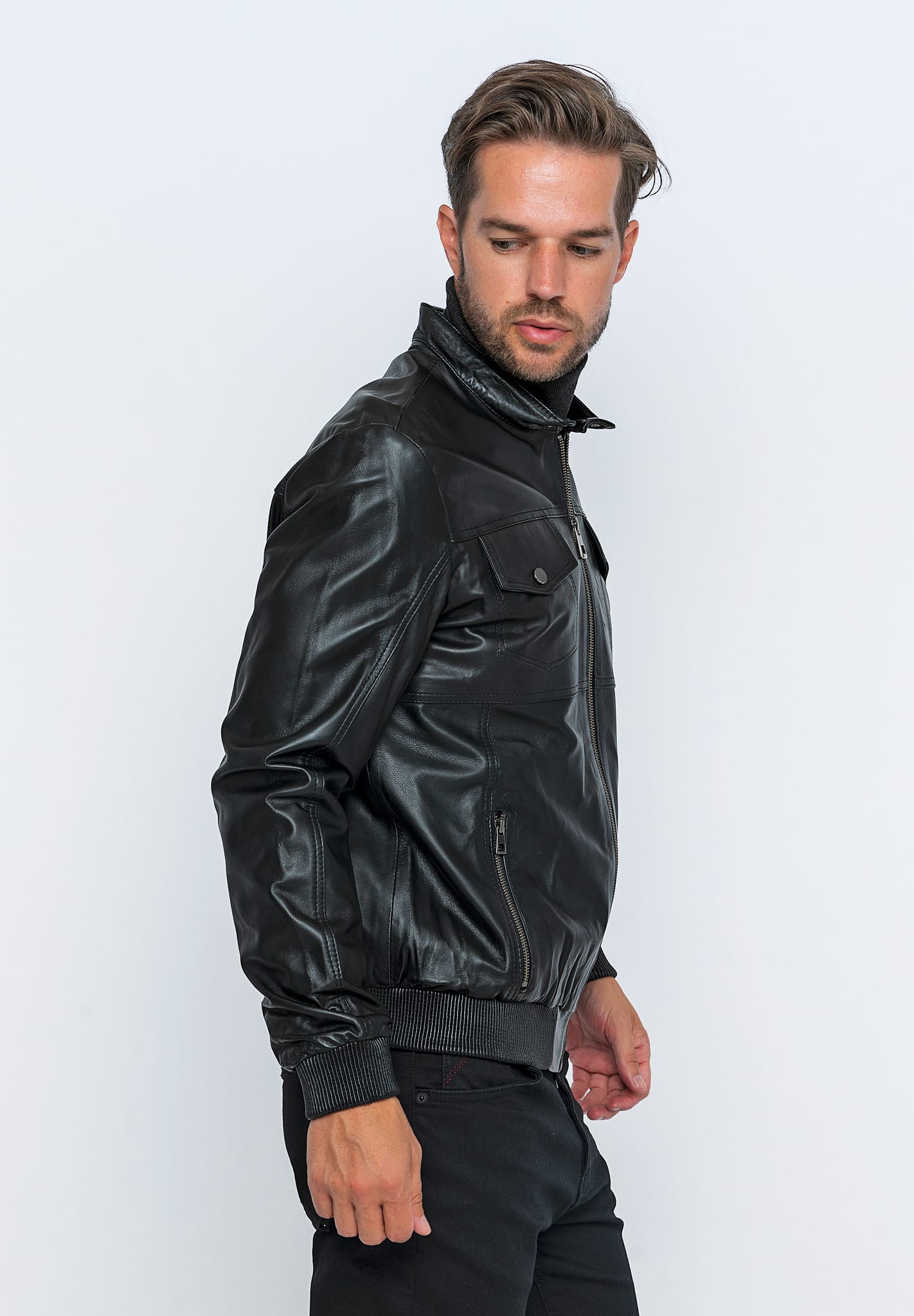Erkek Hakim Yaka Deri Bomber Ceket Siyah - Image 4