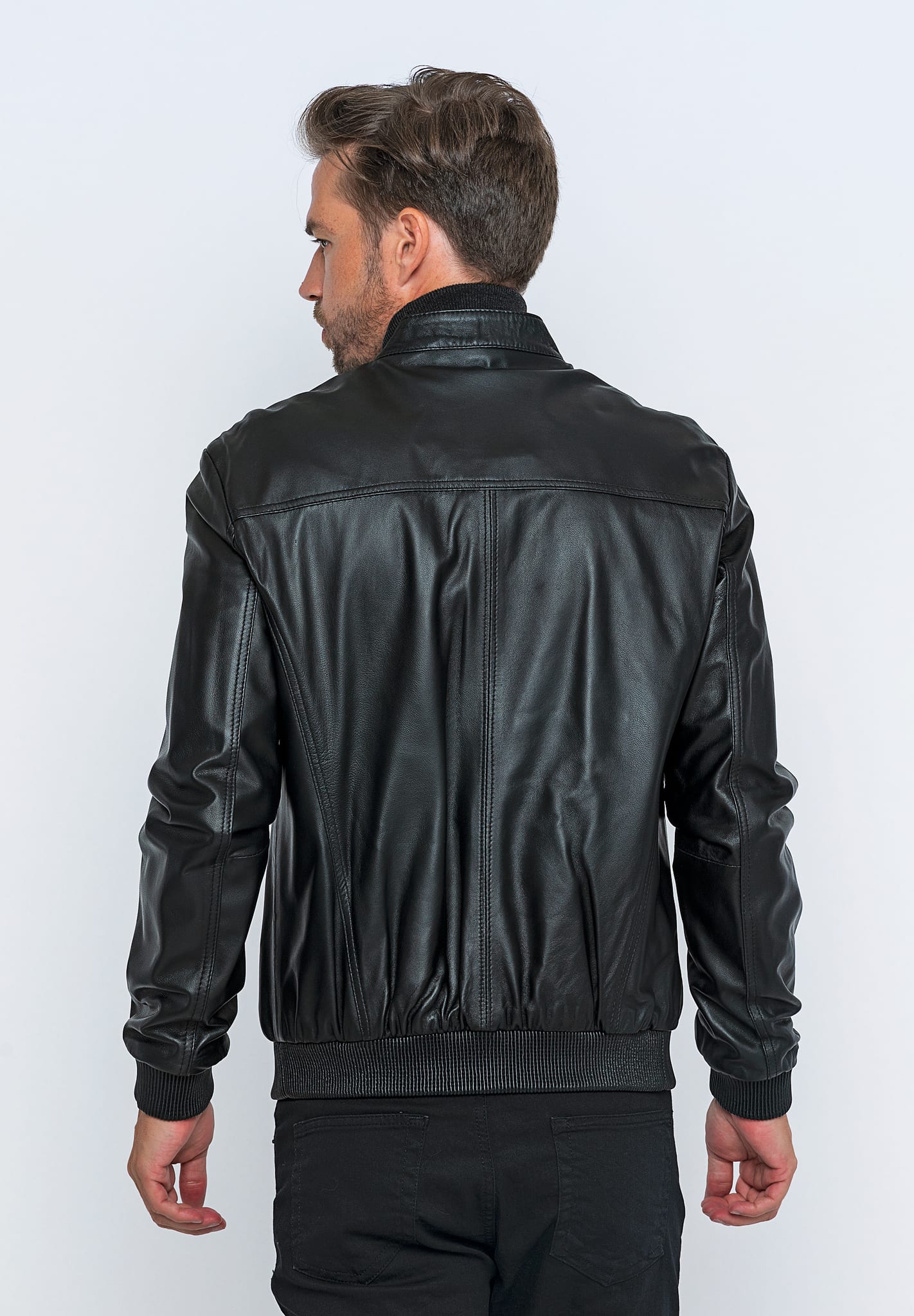 Erkek Hakim Yaka Deri Bomber Ceket Siyah - Image 5