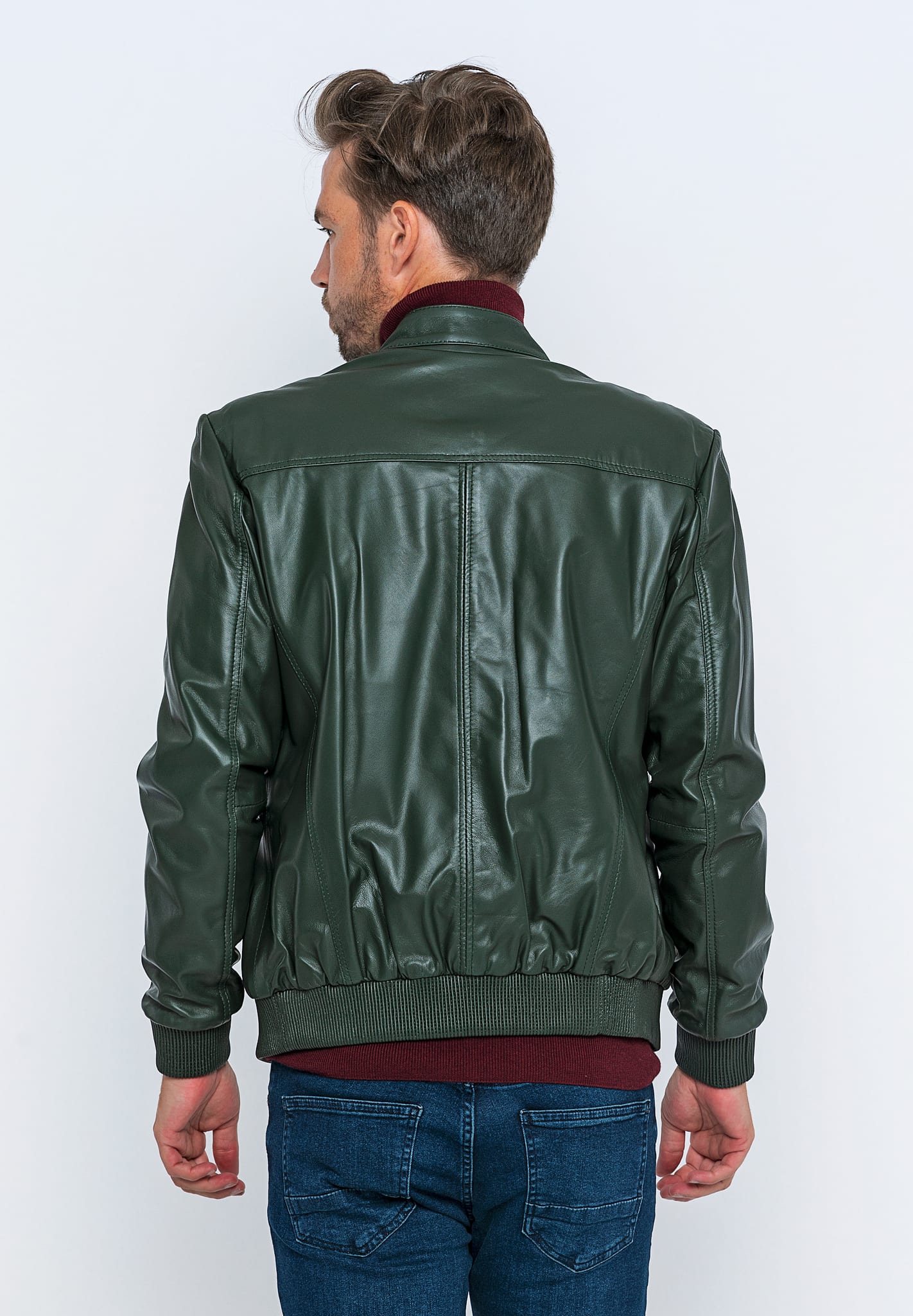 Erkek Hakim Yaka Deri Bomber Ceket Yesil - Image 6
