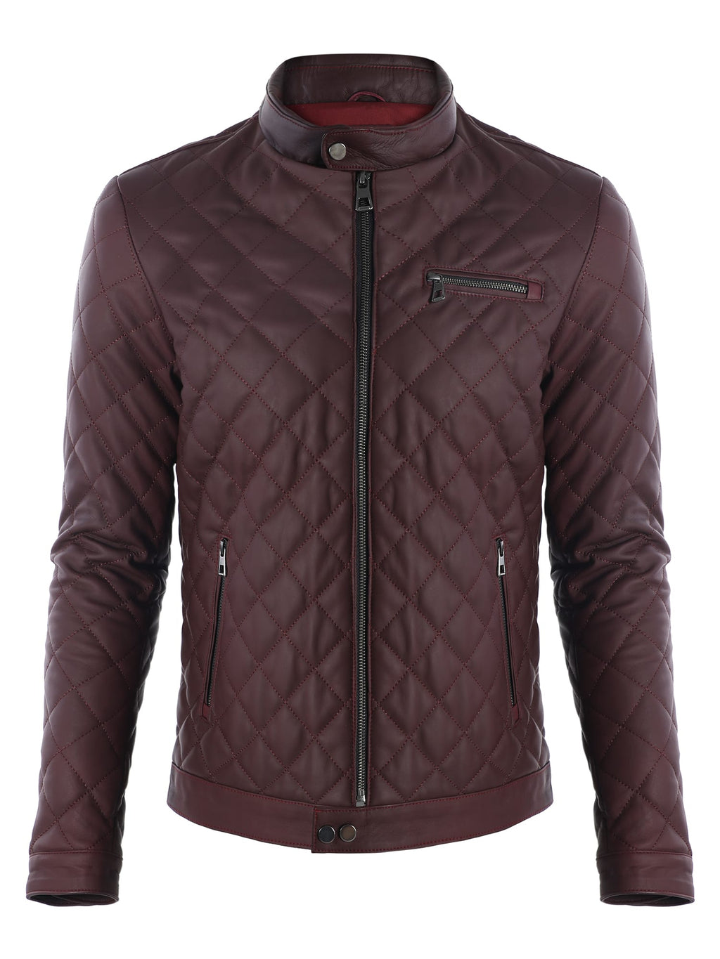 Erkek Quilt Desenli Hakiki Deri Ceket Bordo - Image 1
