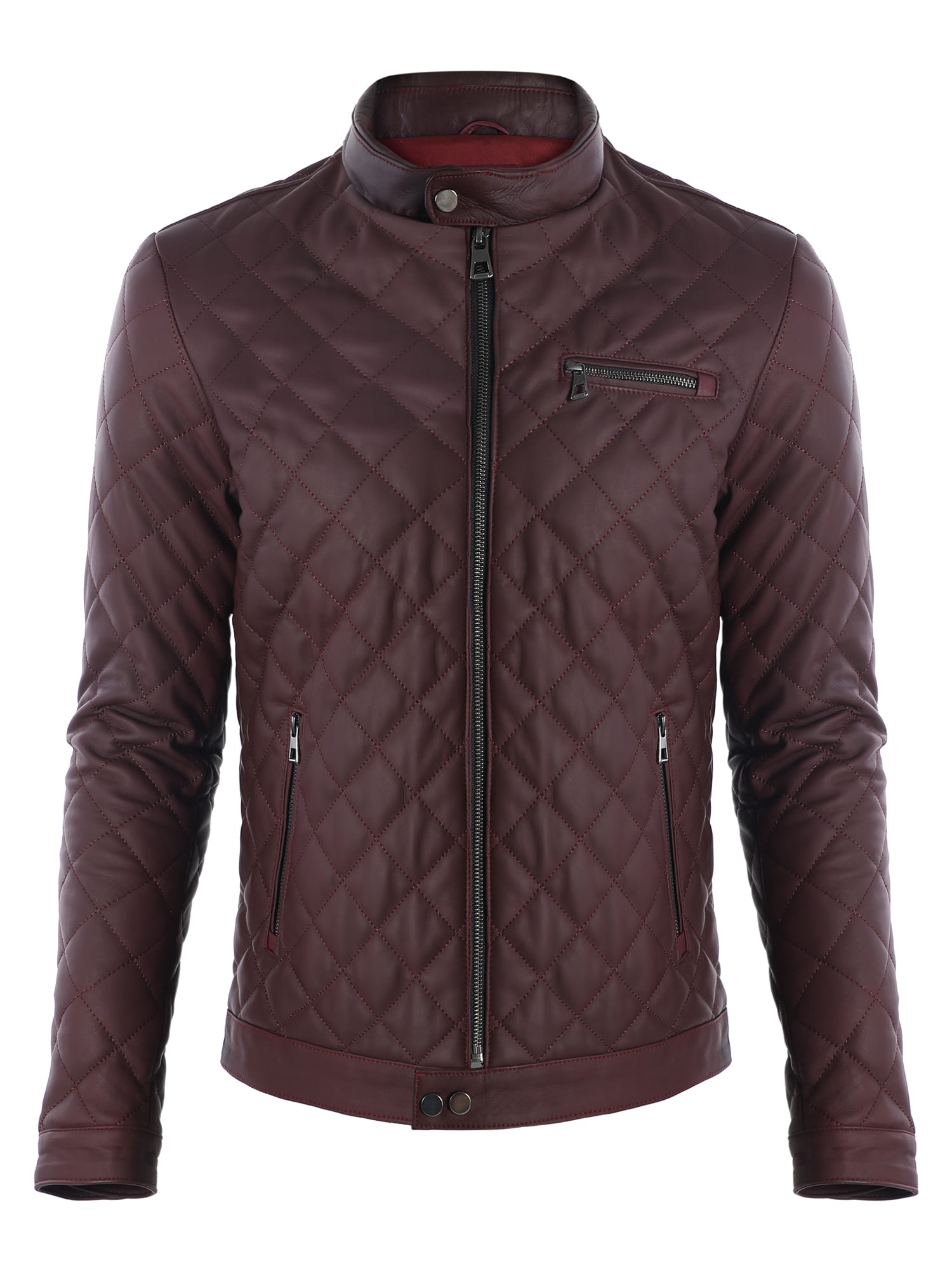Erkek Quilt Desenli Hakiki Deri Ceket Bordo - Image 1