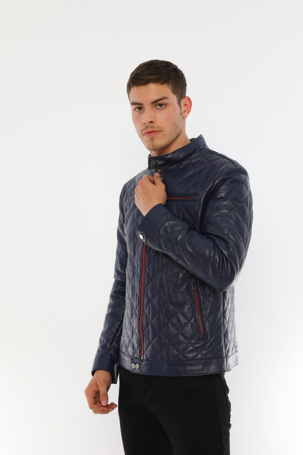 Erkek Quilt Desenli Hakiki Deri Ceket Koyu Lacivert - Image 3