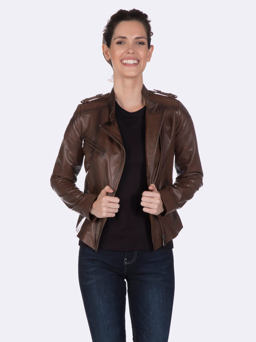 Asimetrik Fermuarli Kadin Deri Ceket Kestane - Image 1