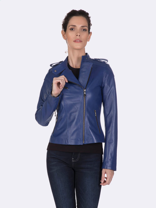 Asimetrik Fermuarli Kadin Deri Ceket Lacivert - Image 1