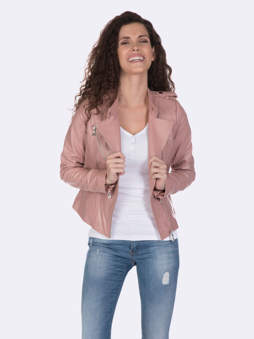 Asimetrik Fermuarli Kadin Deri Ceket Pembe - Image 1
