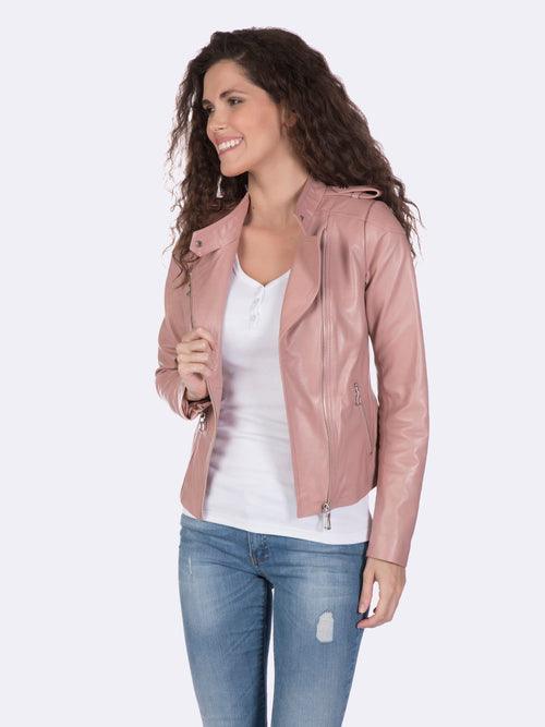Asimetrik Fermuarli Kadin Deri Ceket Pembe - Image 2