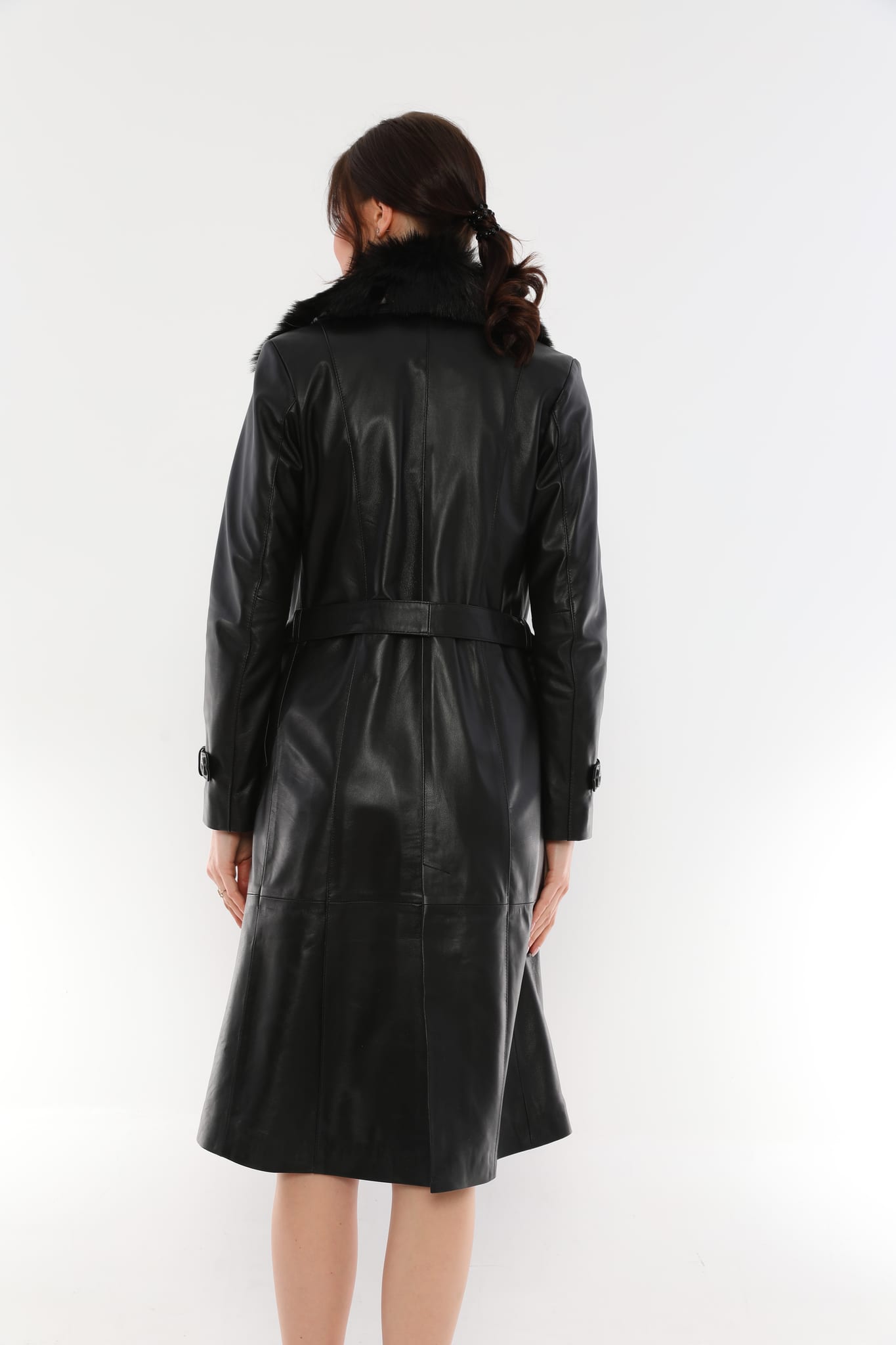 Kadin Yaka Kurklu Kemerli Uzun Deri Ceket Siyah - Image 5