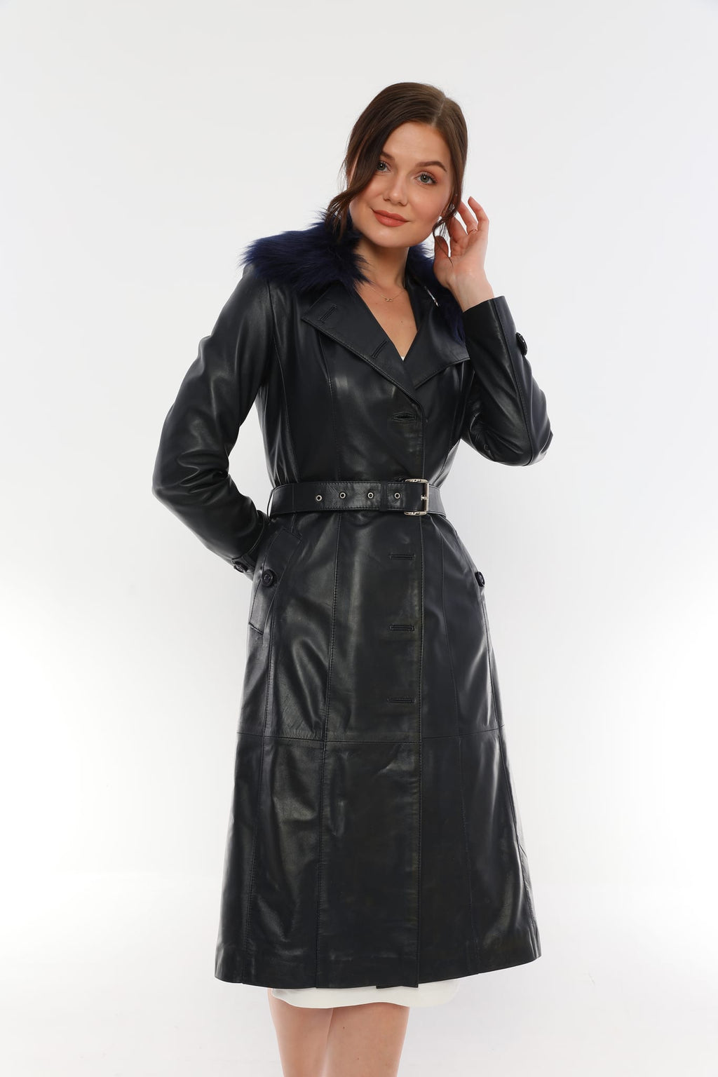 Kadin Yaka Kurklu Kemerli Uzun Deri Ceket Koyu Lacivert - Image 4