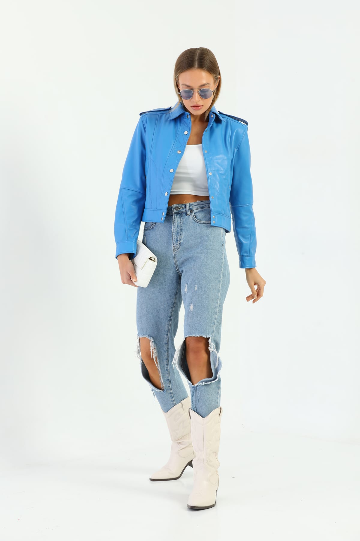 Kadin Kapitone Dugmeli Deri Ceket Mavi - Image 3