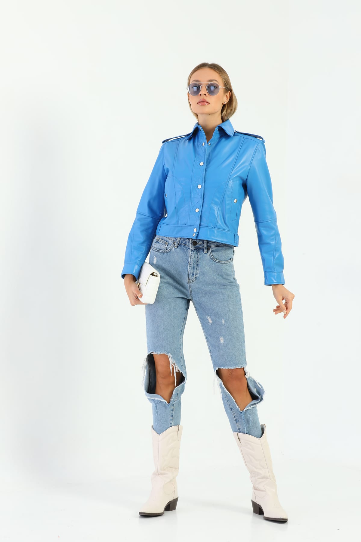 Kadin Kapitone Dugmeli Deri Ceket Mavi - Image 4