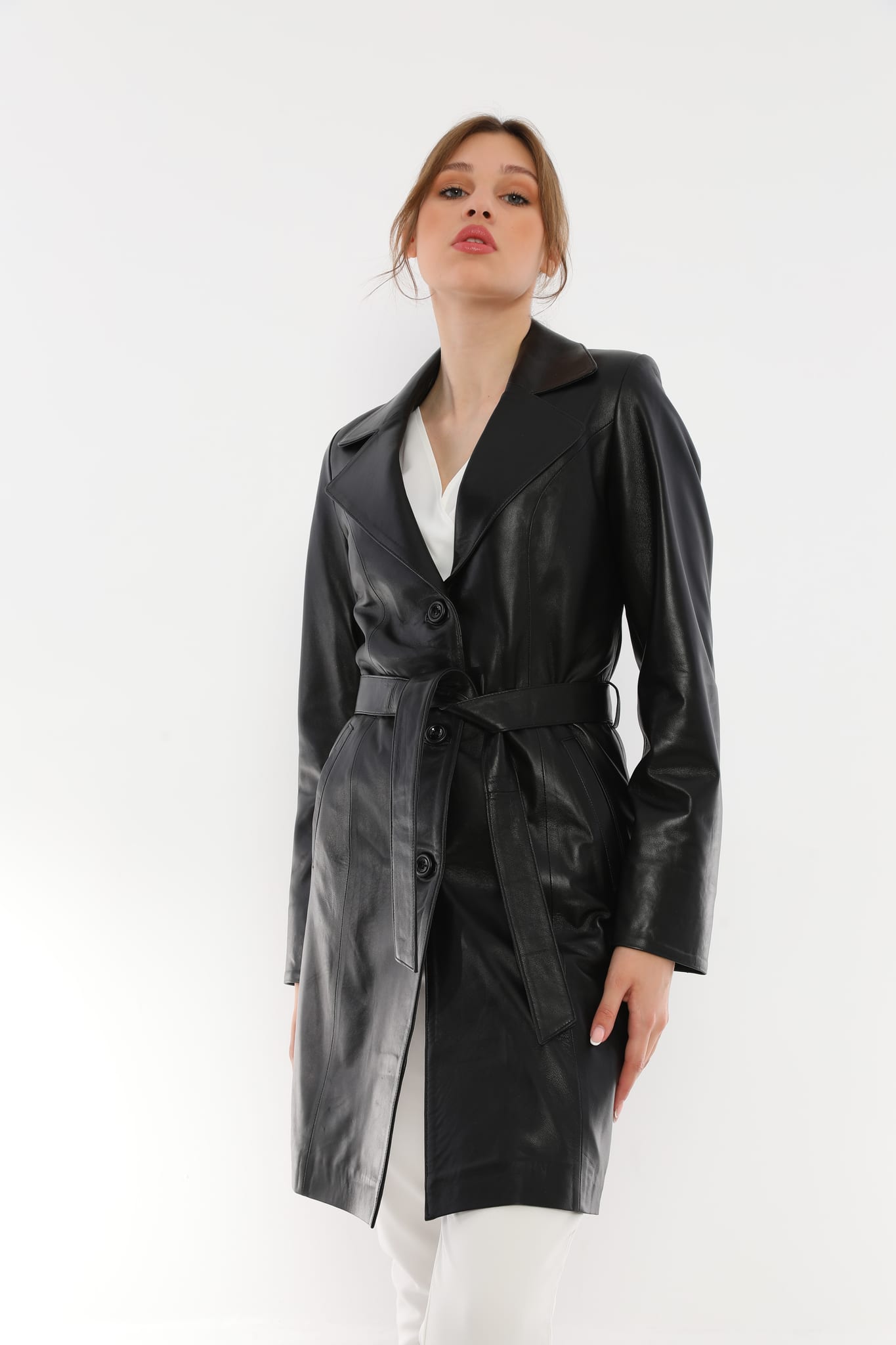 Kadin Kusakli Deri Trenckot Ceket  Siyah - Image 3