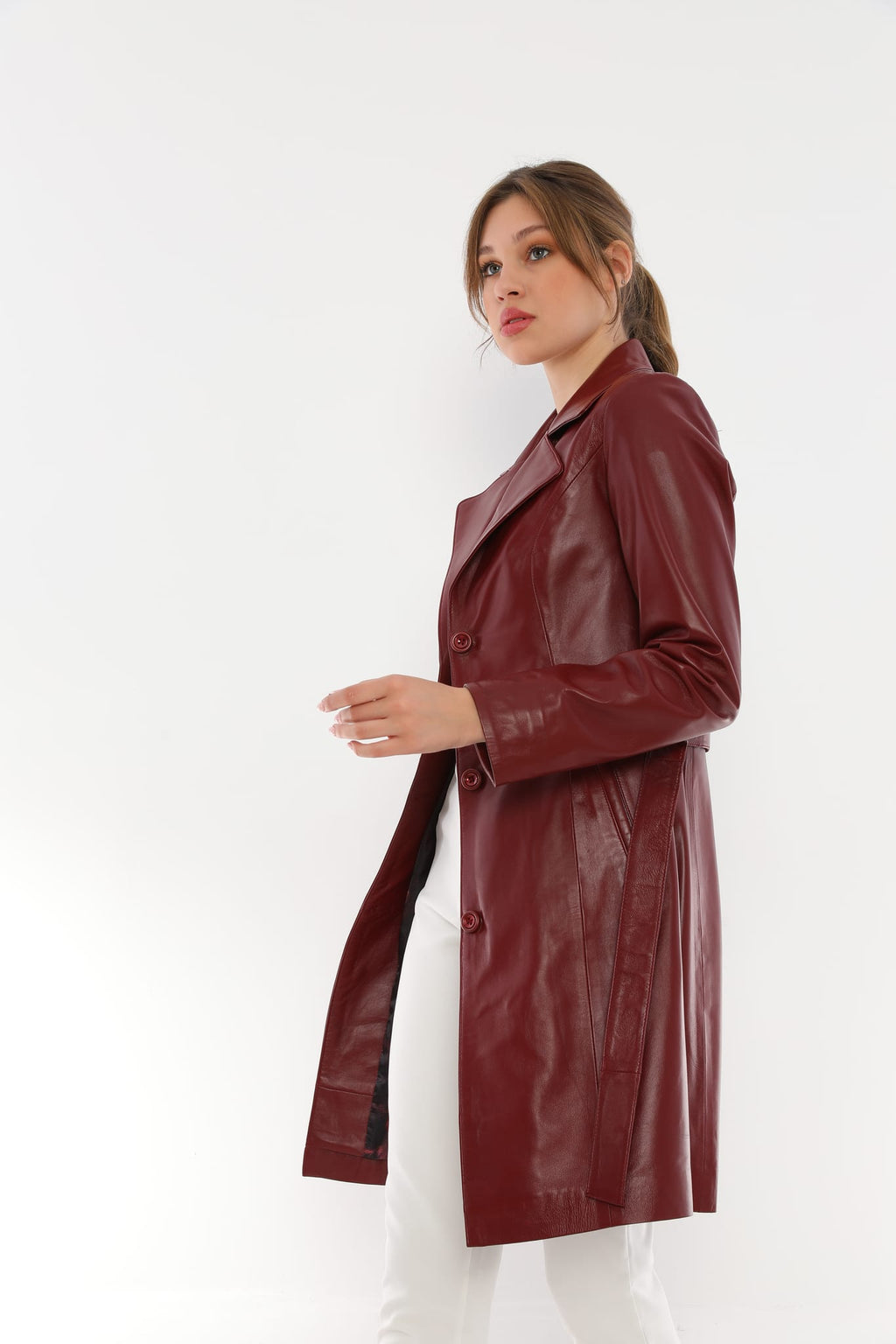 Kadin Kusakli Deri Trenckot Ceket  Bordo - Image 3