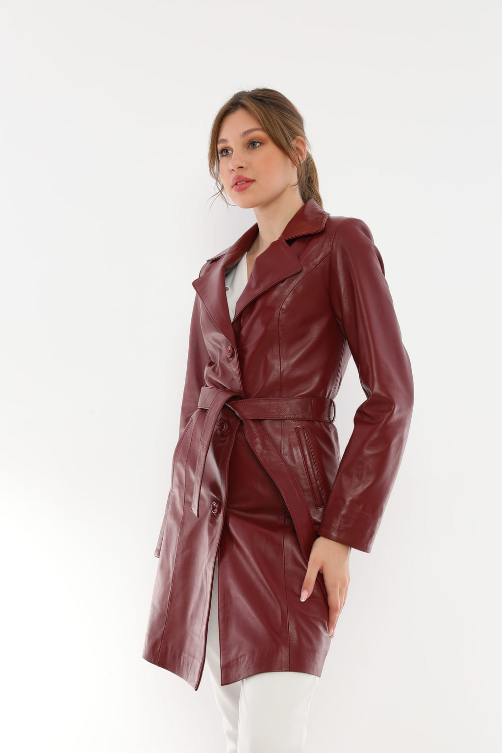 Kadin Kusakli Deri Trenckot Ceket  Bordo - Image 5