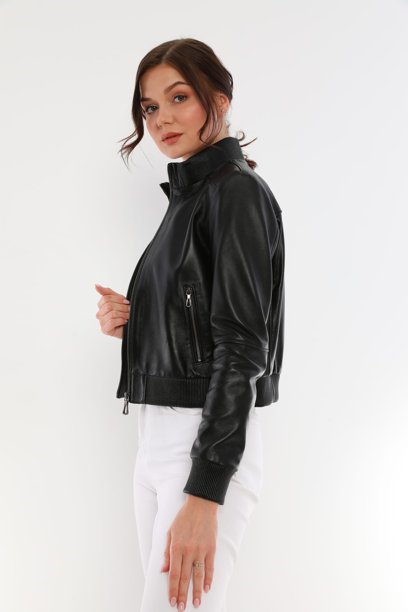 Kadin Hakiki Deri Bomber Ceket Siyah - Image 2