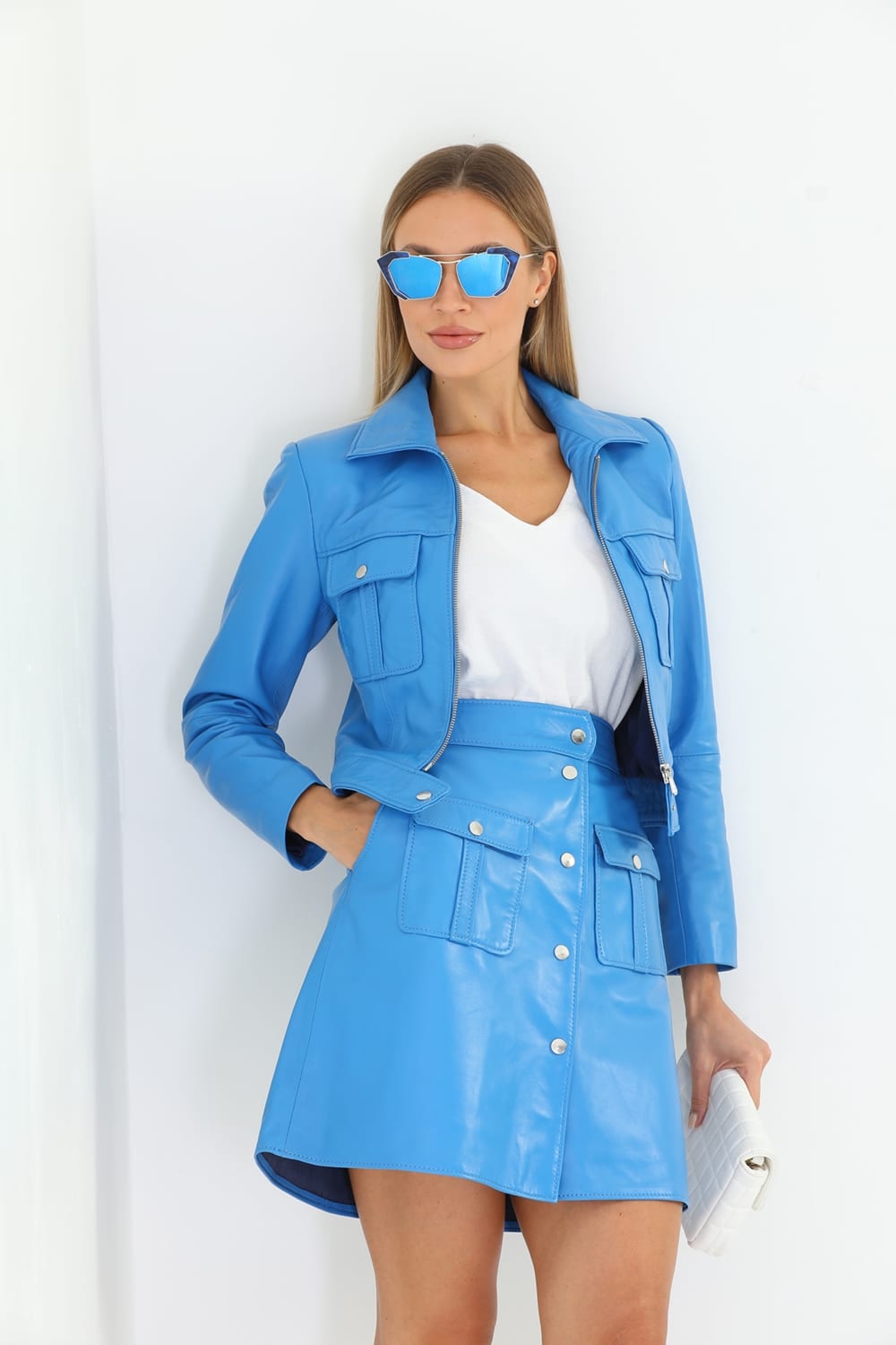 Kadin Deri Ceket ve Deri Etek Takimi  Mavi - Image 1